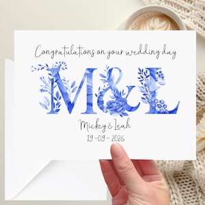 Carte de mariage monogramme bleu avec initiales personnalisées vintage