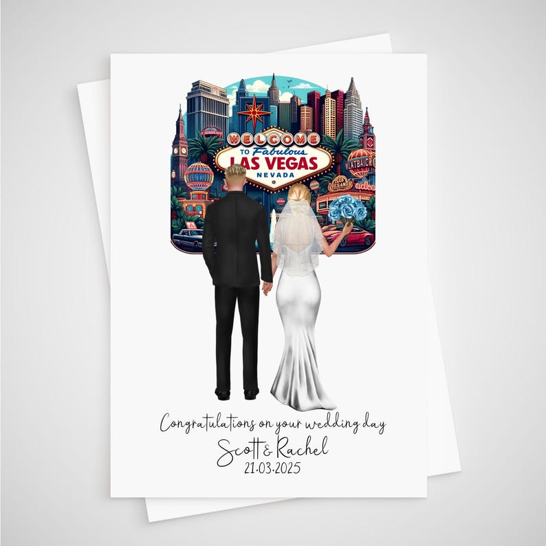 front of wedding card. picture of bride and groom with las vegas sign in the background. under the picture it says congratulations on your wedding day. underneath are the couples names and wedding date