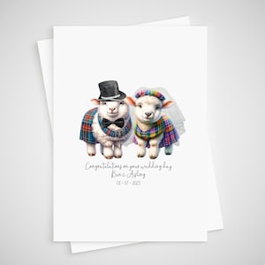 Schotse schapen trouwkaart gepersonaliseerde bruid en bruidegom kilt tartan