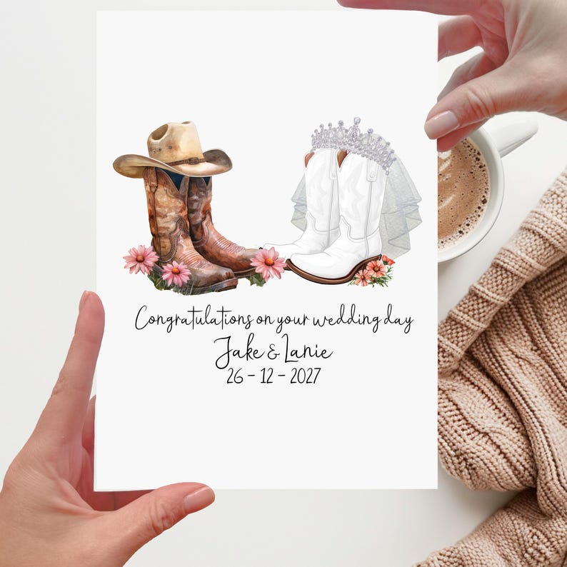 front of wedding card - two pairs of cowboy boots, one dressed as a groom and one dressed as a bride. congratulations on your wedding day is written underneath along with the names of the couple and date of their wedding
