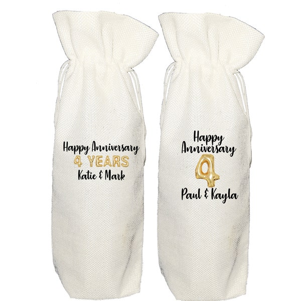Personalised 4 years anniversary wine gift bag - "linen anniversary"