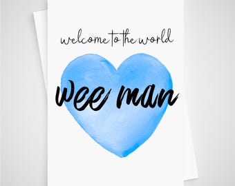 Wee Man New Baby Boy Card Blue Watercolour Heart - Scottish Irish