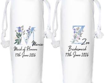 Wedding Wine Bag Personalised Blue Flower Monogram Bridesmaid Gift Maid of Honour Wedding