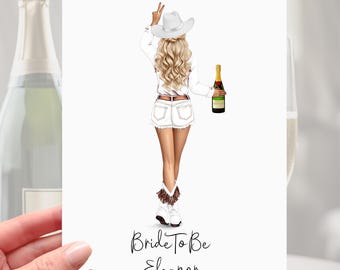 May include: A greeting card with an illustration of a person in a white cowboy hat, shirt, denim shorts, and boots, holding a champagne bottle. The card reads "Bride To Be Eleanor."