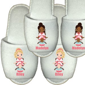 spa slippers with images of girls in bath robes