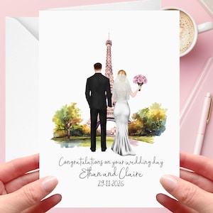 Tarjeta de boda de París personalizada con novios y novias Torre Eiffel Francia