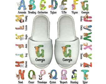 Personalised zoo animal spa slippers childrens alphabet own name monogram giraffe monkey tiger jungle