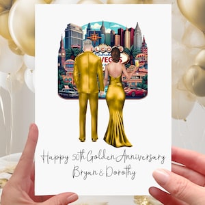 Tarjeta de aniversario de oro de Las Vegas Tarjeta de aniversario de oro personalizada para el 50.° aniversario de boda