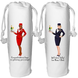 Bolsa para botella de vino de azafata. Personalizada. Azafata. Tripulación de cabina. Auxiliar de vuelo. Felicitaciones. Nuevo trabajo. Aerolínea.