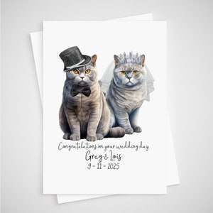 Cartão de casamento personalizado gato azul britânico noiva e noivo shorthair cinza