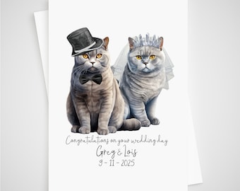 Personalised British Blue Cat Wedding Card Bride & Groom Shorthair Grey