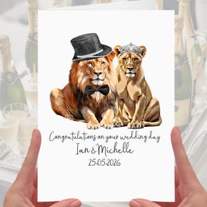 Cartão de casamento de leão personalizado para noivos e leoas