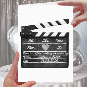 Karta Clapper Board na 25-lecie personalizowana na srebrnym filmie Kino Filmy