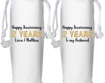 Personalised 2 year anniversary wine gift bag - second wedding anniversary linen cotton
