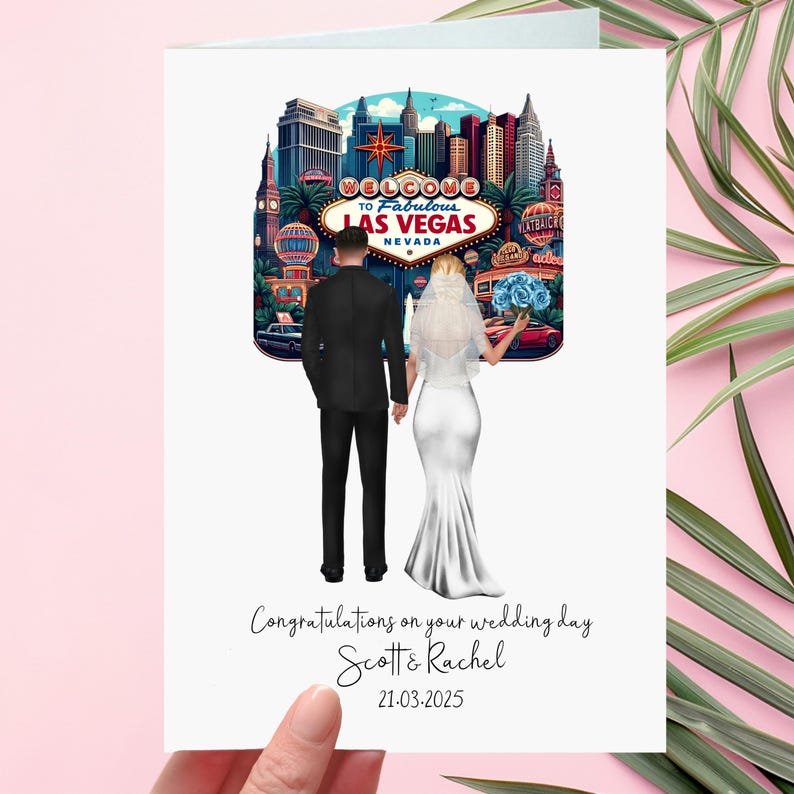 front of wedding card. picture of bride and groom with las vegas sign in the background. under the picture it says congratulations on your wedding day. underneath are the couples names and wedding date