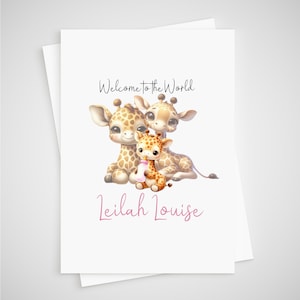 Carte personnalisée bébé girafe fille nouveau-né Bienvenue dans le monde