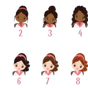 May include: Eight illustrations of girls with different hairstyles and skin tones wearing pink and white pajamas. The girls are numbered 1 through 8.