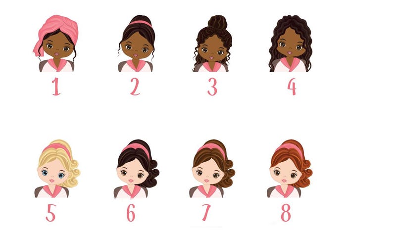 May include: Eight illustrations of girls with different hairstyles and skin tones wearing pink and white pajamas. The girls are numbered 1 through 8.
