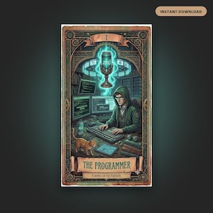 Puede incluir: Una ilustración digital estilo carta de tarot titulada THE PROGRAMMER. Muestra a una figura con capucha escribiendo en un escritorio con varios monitores, una lata de bebida brillante y un gato naranja. El texto dice THE PROGRAMMER y It works on my machine.