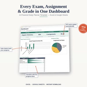 AI Study Planner for Students | Dashboard, Exam Countdown, Grade Calculator & ChatGPT Prompts | Excel + Google Sheets Template