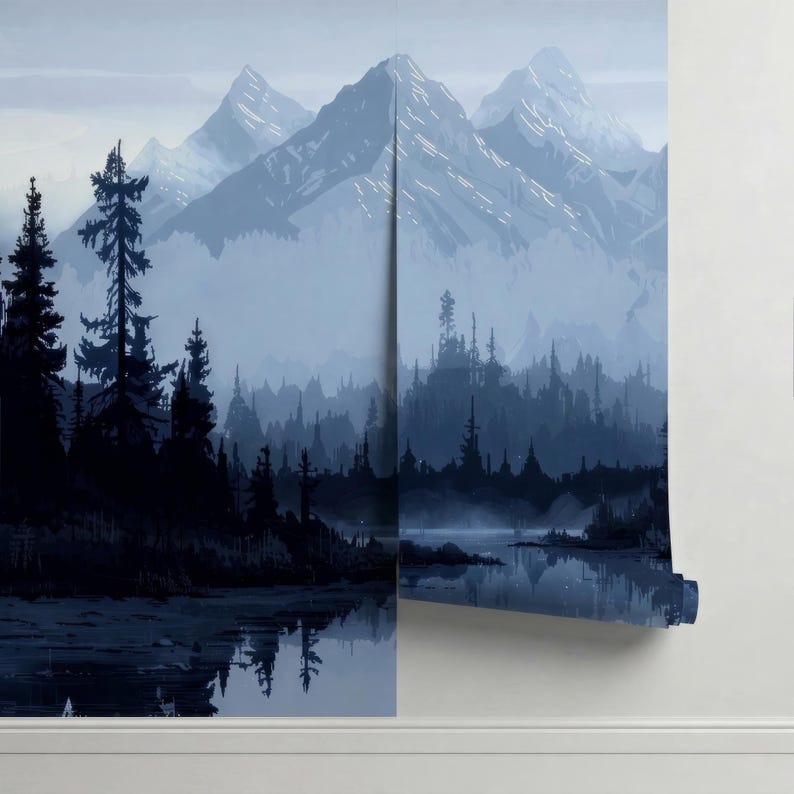 Misty Blue Mountain Landscape Wall Mural, Scandinavian Nature Wallpaper ...