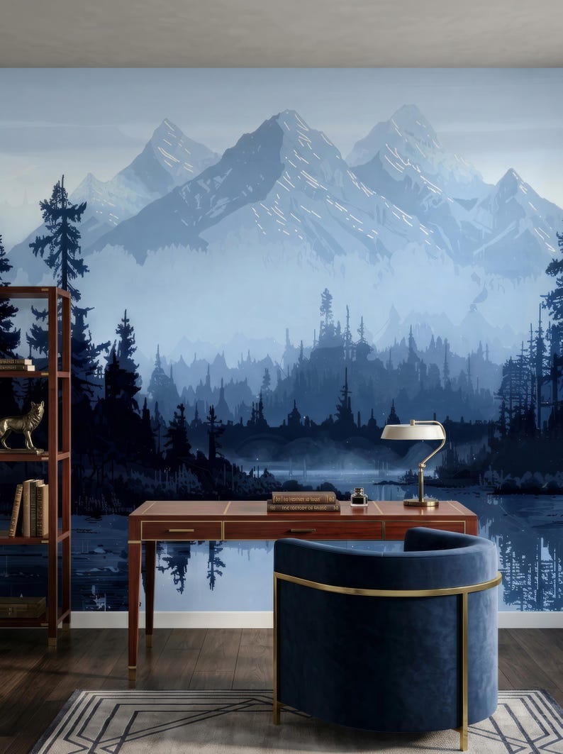 Misty Blue Mountain Landscape Wall Mural, Scandinavian Nature Wallpaper ...