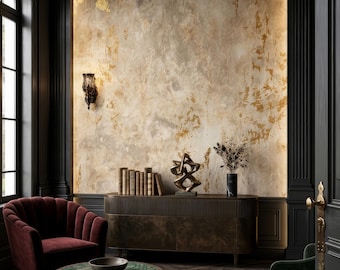 May include: A room featuring a textured beige and gold wall, a dark brown sideboard, a burgundy velvet armchair, a green marble-topped coffee table, a dark green armchair, and a patterned rug, all set within a dark-trimmed interior space.