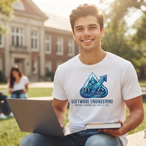 May include: A white short-sleeved t-shirt featuring a blue and white graphic of a stylised mountain and arrow design with the text "SOFTWARE ENGINEERING" and "BUILDING TOMORROW, ONE LINE AT A TIME" printed on the front chest area.