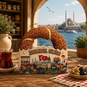 May include: A circular sesame-crusted bread ring resting in a decorative cardboard box labeled ISTANBUL SIMIDI. The box features colorful illustrations of the Turkish flag, a tram, and city landmarks, set against a scenic waterfront background.