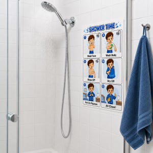 Pode incluir: Uma placa retangular branca intitulada SHOWER TIME com seis ilustrações numeradas de desenhos animados mostrando os passos de uma rotina de banho: Wash Face, Wash Body, Rinse Off, Dry Off, Put On Pajamas e All Clean, com texto azul.