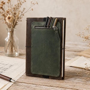 Puede incluir: Una funda de cuaderno de cuero marrón oscuro que presenta un bolsillo vertical de cuero verde oscuro con un compartimento con cremallera. La funda incluye una banda elástica que sujeta cuatro bolígrafos en tonos negros, marrones y metálicos, asegurada por una correa negra.