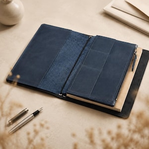 Puede incluir: Una funda de cuero azul marino para cuaderno con diseño abierto, bolsillos internos, un compartimento con cremallera y cierre elástico. La funda contiene un cuaderno con páginas de color crema, acompañado de una pluma estilográfica plateada.