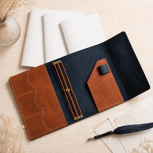 May include: A dark blue leather journal cover with tan leather interior pockets and three orange elastic bands for holding notebooks. The interior features a small pocket with the embossed initials RJ and a pen loop. Three white notebooks are included.