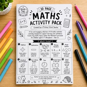Könnte beinhalten: Ein weißes 10-seitiges Mathe-Übungsheft mit schwarzem Text und Illustrationen. Das Cover enthält eine Liste von 10 mathematischen Themen wie Addition, Subtraktion und Uhrzeit, umgeben von bunten Filzstiften auf einer Holzoberfläche.
