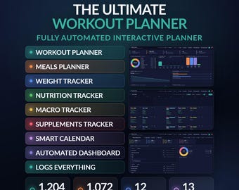 Può includere: Un'interfaccia digitale per la pianificazione degli allenamenti con un tema scuro. Il testo include THE ULTIMATE WORKOUT PLANNER, FULLY AUTOMATED INTERACTIVE PLANNER, ed elenca funzioni come WORKOUT PLANNER, MEALS PLANNER, WEIGHT TRACKER e altro.