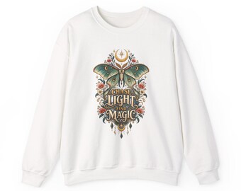 Chase Light Find Magic Sweatshirt, Celestial Luna Moth Crewneck, Boho Moon Sweater, Mystical Gift for Her
