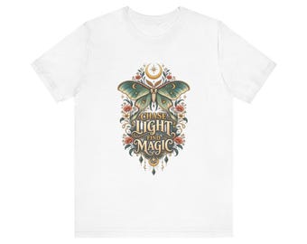 Chase Light Find Magic Shirt, Celestial Luna Moth T-Shirt, Boho Moon Graphic Tee, Mystical Nature Lover Gift