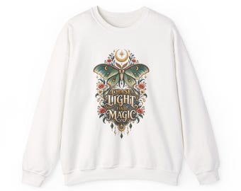 Chase Light Find Magic Sweatshirt, Celestial Luna Moth Crewneck, Boho Moon Sweater, Mystical Gift for Her