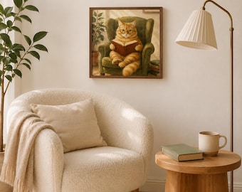 Reading Cat Printable Wall Art: Cozy Book Lover Digital Download, Whimsical Pet Decor