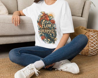 Flow With Purpose Unisex T-Shirt, Koi Fish Graphic Tee, Japanese Wave Shirt, Motivational Nature Lover Gift
