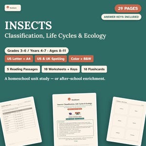 Peut inclure: Un ensemble éducatif de 29 pages intitulé Insects: Classification, Life Cycles & Ecology pour les élèves de 8 à 11 ans. Comprend 5 textes de lecture, 10 fiches d'exercices avec corrigés et 18 cartes mémo. Options couleur et noir et blanc.