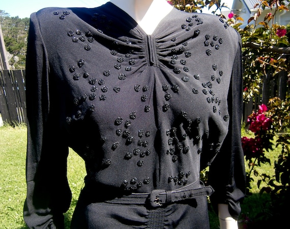 VINTAGE 1940s Black Crepe Beaded Dress - Rare VOLU