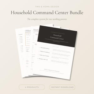 May include: A Household Command Center bundle featuring multiple printed planning pages with black and white text. The top sheet displays the title Household Command Center, a system not a stack of pages, and lists an Ops Sheet, Handoff Log, and Checklist.