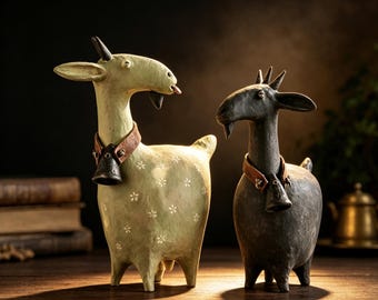 Whimsical Folk Art Resin Goat Figurine,Sage Green or Charcoal, Bell Collar