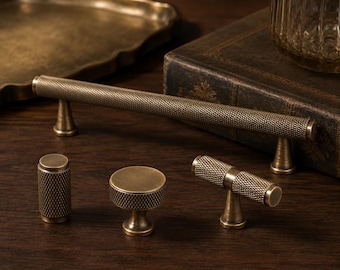 Knurled Brass Cabinet Pulls, Modern Drawer Handles, T Bar Knob, Textured Brass Hardware, Kitchen Dresser Cupboard Pulls