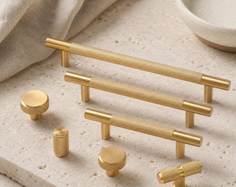 Solid Brass Knurled Cabinet Pulls, Black & Antique Brass Drawer Handles, T Bar Knobs, Modern Kitchen Cabinet Hardware