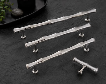 Chrome Bamboo Cabinet Pulls, Silver Brass Drawer Handles, Modern Kitchen Cabinet Hardware, Dresser Pulls, T Bar Knob
