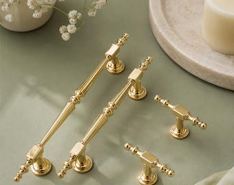 Brass Cabinet Pulls and T Bar Knob, Polished Gold Drawer Handles, Vintage Dresser Hardware, Decorative Furniture Pulls