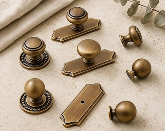 Antique Brass Cabinet Knobs and Pulls, Vintage Drawer Handles, Furniture Hardware, Cup Pull, Decorative Backplate