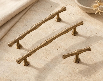 Antique Brass Bamboo Cabinet Pulls, Vintage Nature-Inspired Drawer Handles, Solid Brass Hardware